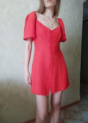 Красное мини платье с добавлением льна6 фото