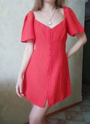Красное мини платье с добавлением льна4 фото