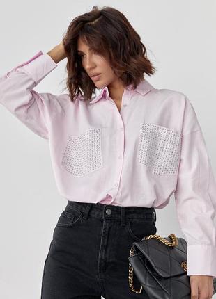 Рубашка женская длинная с термостразами на карманах розовая l6 фото