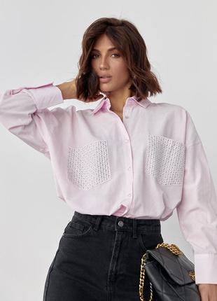Рубашка женская длинная с термостразами на карманах розовая l5 фото