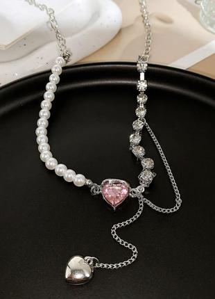 Ожерелье кольє чокер ланцюжка срібляста з камінчиками з перлами з підвіскою серце3 фото
