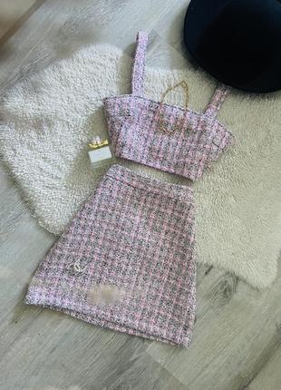 Твидолый костюм топ и юбка розовый asos комплект chanel old money