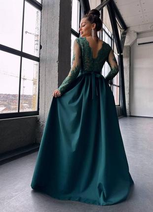 Женское качественное зеленое вечернее длинное элегантное платье в пол с кружевом на выпускной6 фото