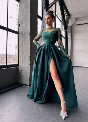 Женское качественное зеленое вечернее длинное элегантное платье в пол с кружевом на выпускной4 фото