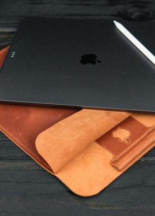 Кожаный чехол для ipad с держателем для apple pencil, натуральная винтажная кожа, цвет коньяк3 фото