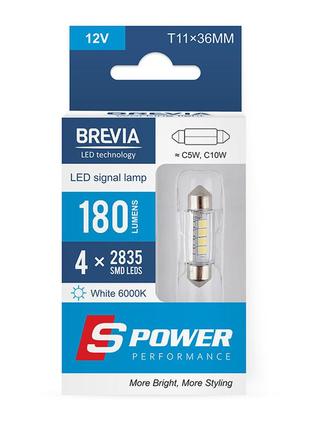 Светодиодная автолампа brevia s-power c5w (c10w) t11x36 180lm 4x2835smd 12v canbus, 2шт