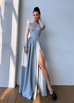 Жіноча якісна блакитна вечірня довга елегантна сукня в підлогу з мереживом на вихід, на випускний9 фото