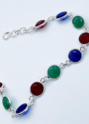 Браслет серебряный с изумрудом, сапфиром и гранатом 17+2 4,84 г