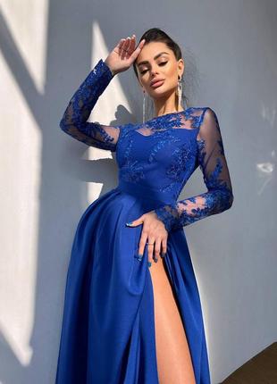 Женское качественное синее вечернее длинное элегантное платье в пол с кружевом на выход, на выпускной2 фото