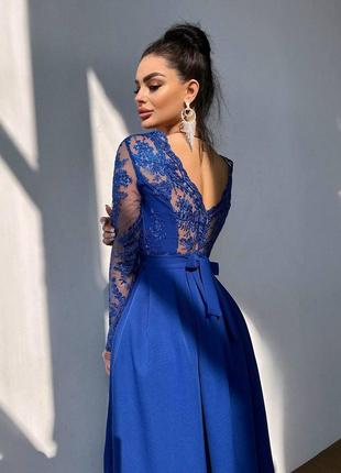 Женское качественное синее вечернее длинное элегантное платье в пол с кружевом на выход, на выпускной3 фото