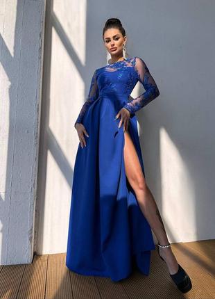 Женское качественное синее вечернее длинное элегантное платье в пол с кружевом на выход, на выпускной6 фото
