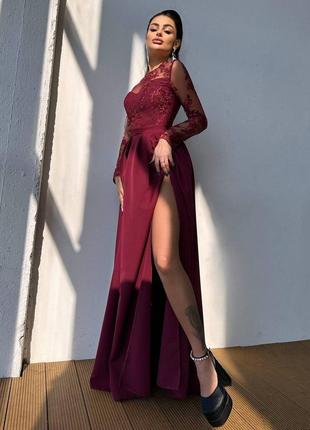 Женское качественное бордовое вечернее длинное элегантное платье в пол с кружевом на выход, на выпускной6 фото