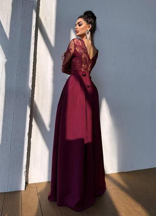 Женское качественное бордовое вечернее длинное элегантное платье в пол с кружевом на выход, на выпускной7 фото