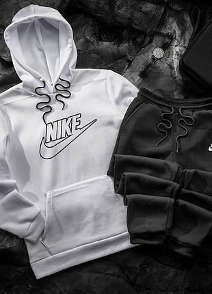 Теплый спортивный костюм nike белый худи и штаны | мужской спортивный костюм найк на флисе на зиму топ