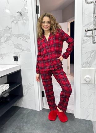 Піжама червона жіноча в клітинку, домашній костюм фланелевий, сорочка і штани