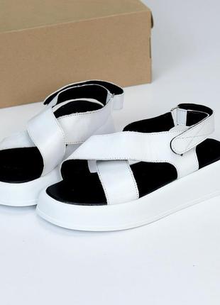 Белые натуральные кожаные босоножки сандалии переплет на липучках 36-405 фото