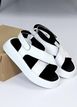 Белые натуральные кожаные босоножки сандалии переплет на липучках 36-407 фото
