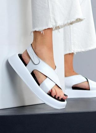 Белые натуральные кожаные босоножки сандалии переплет на липучках 36-406 фото