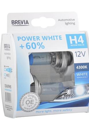 Галогеновая лампа brevia h4 12v 60/55w p43t power white +60% 4300k s2