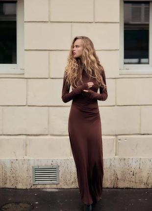 Довга жіноча коричнева сукня з драпуванням zara new