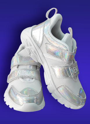 Детские деми, сетка кроссовки белые, серебро для девочки на липучках весна, осень на тренировку, танцы выступления переливаются