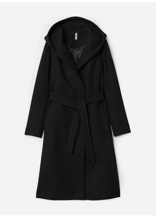 Пальто шерсть h&m теплая s-m осень зима с капюшоном под пояс hm 3128788wt1 фото