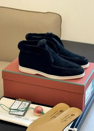 Черные замшевые зимние ботинки loro piana open walk осень-зима с мехом лоферы лоро пиана