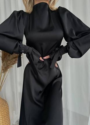 Розкішна жіноча шовкова довга сукня з пишними рукавами6 фото