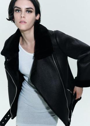 Дубленка zara, черная дубленка zara, double faced jacket zara
