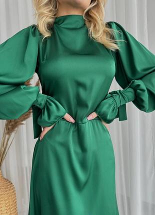 Роскошное женское шелковое длинное платье с пышными рукавами3 фото