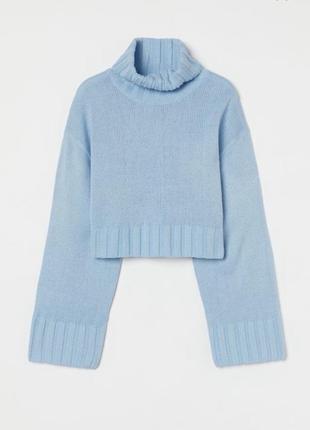 Голубой укорочённый свитер, кроп оверсайз, вязаный свитер под горло, гольф h&m. англия.
