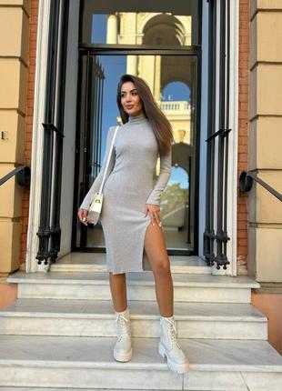 Платье - гольф с разрезом на ножке, серое платье, черное платье, молочное платье