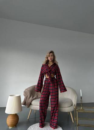Пижама в клетку 65% хлопок, красная пижама в клетку