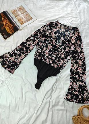 Боді квітковий принт боди бодік кімоно стрінгами довгий рукав блуза