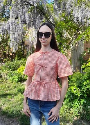 Трендовая блуза на завязках с бантиками, летняя женская рубашка в клетку6 фото