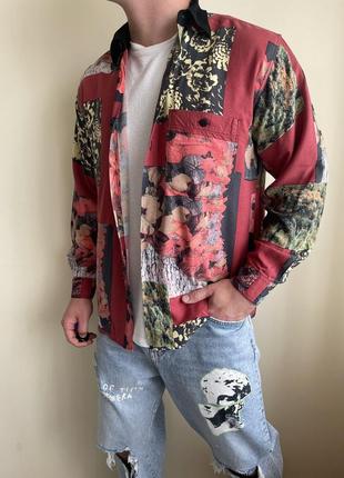 Красная винтажная рубашка lambertino с принтом, винтаж, легкая, принт, овершот, цветы