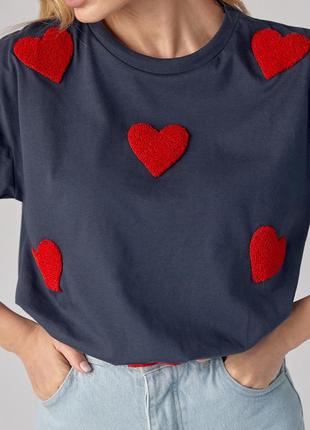 Жіноча футболка oversize із сердечками — темно-сірий колір, l (є розміри)4 фото