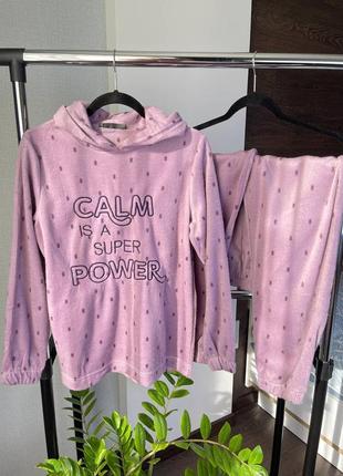 Лиловая теплая флисовая пижама/домашняя костюм худи с капюшоном и штаны 42-48