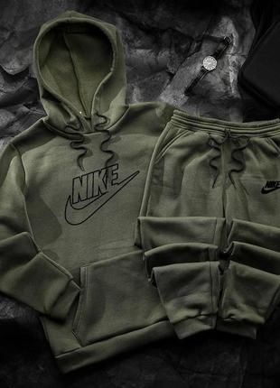 Теплый спортивный костюм nike хаки худи и штаны | мужской спортивный костюм найк на флисе на зиму топ