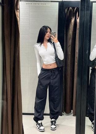 Трендовые черные карго нейлоновые штаны с молниями zara брюки с карманами джегинсы зара 4391/410