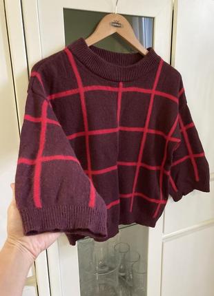 Vero moda s-l теплий оверсайз шерстяний светр бордовий в рожеву смужку клітину рукав 3/4