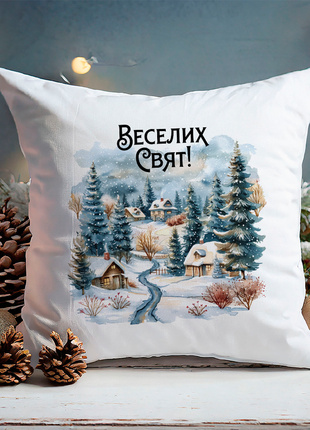 Декоративна подушка з новорічним принтом "веселих свят святковий пейзаж " push it