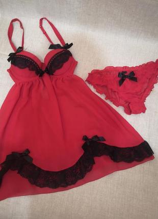 Вишуканий червоний комплект (пеньюар трусики) s, xs la senza