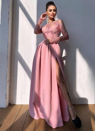Жіноча якісна рожева вечірня довга елегантна сукня в підлогу з мереживом на вихід, на випускний1 фото