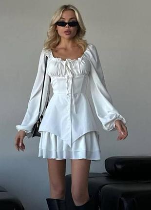 Платье короткое однотонное на длинный рукав на пуговицах с вырезом в зоне декольте на завязках качественная стильная легкая белая черная