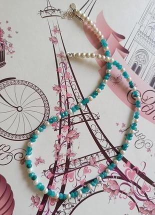 Серебряное  колье чокер с бирюзовым турмалином параиба и шелл-жемчугом