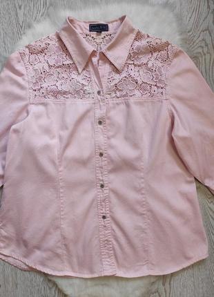 Розовая натуральная рубашка блуза хлопок с вышивкой на груди джинсовая батал комплект костюм5 фото
