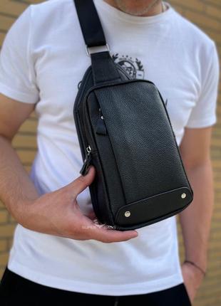 Кожаная мужская черная  сумка-слинг через плечо 5330-в6 фото