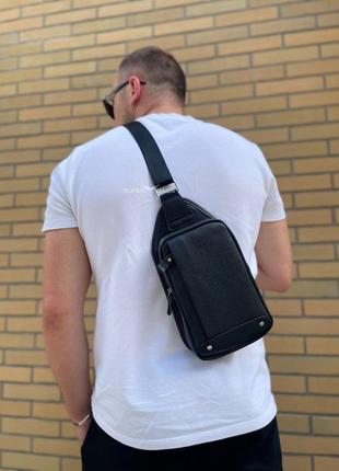 Кожаная мужская черная  сумка-слинг через плечо 5330-в4 фото