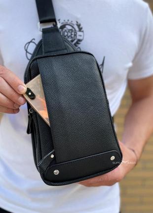 Кожаная мужская черная  сумка-слинг через плечо 5330-в2 фото